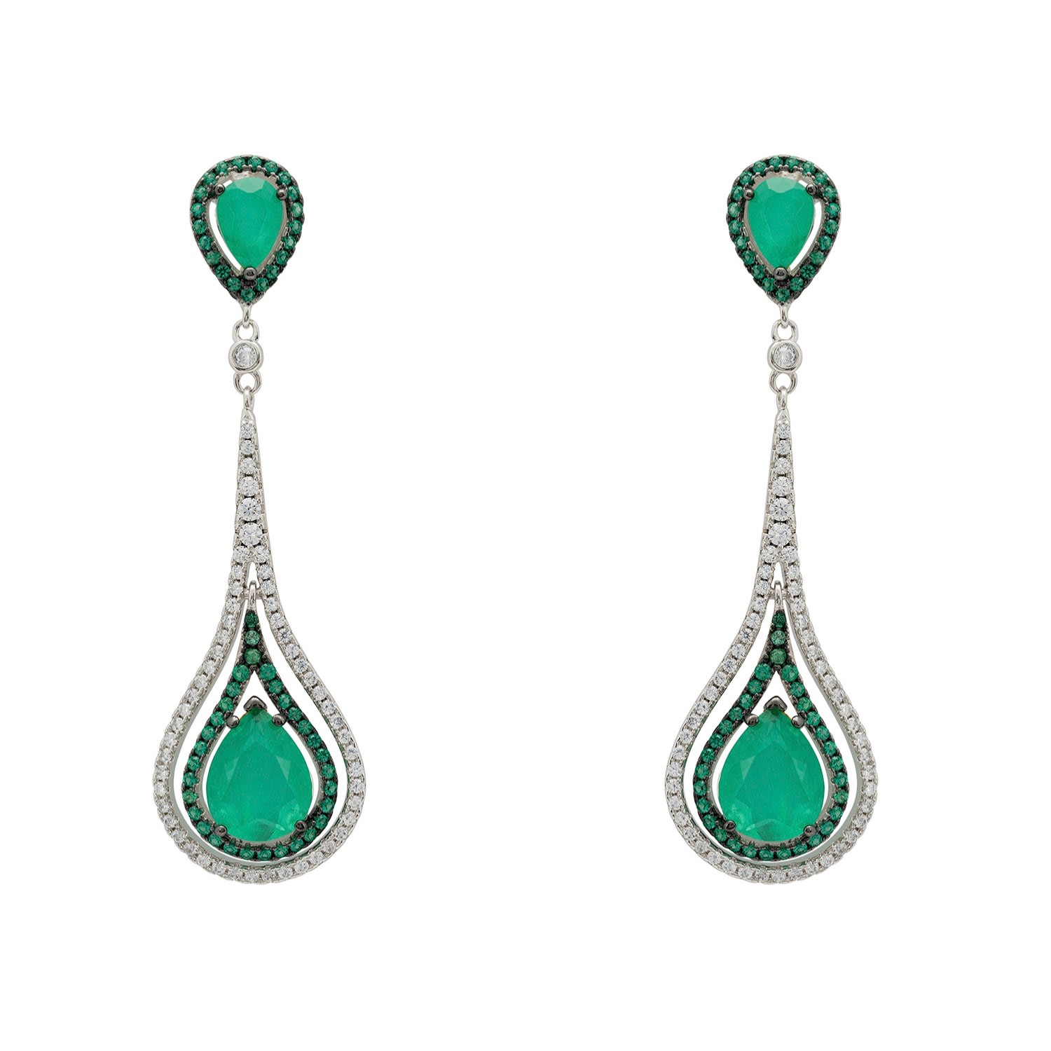 Green / White / Silver Lady Jane Pendulum Drop Earrings Silver Colombian Emerald Latelita