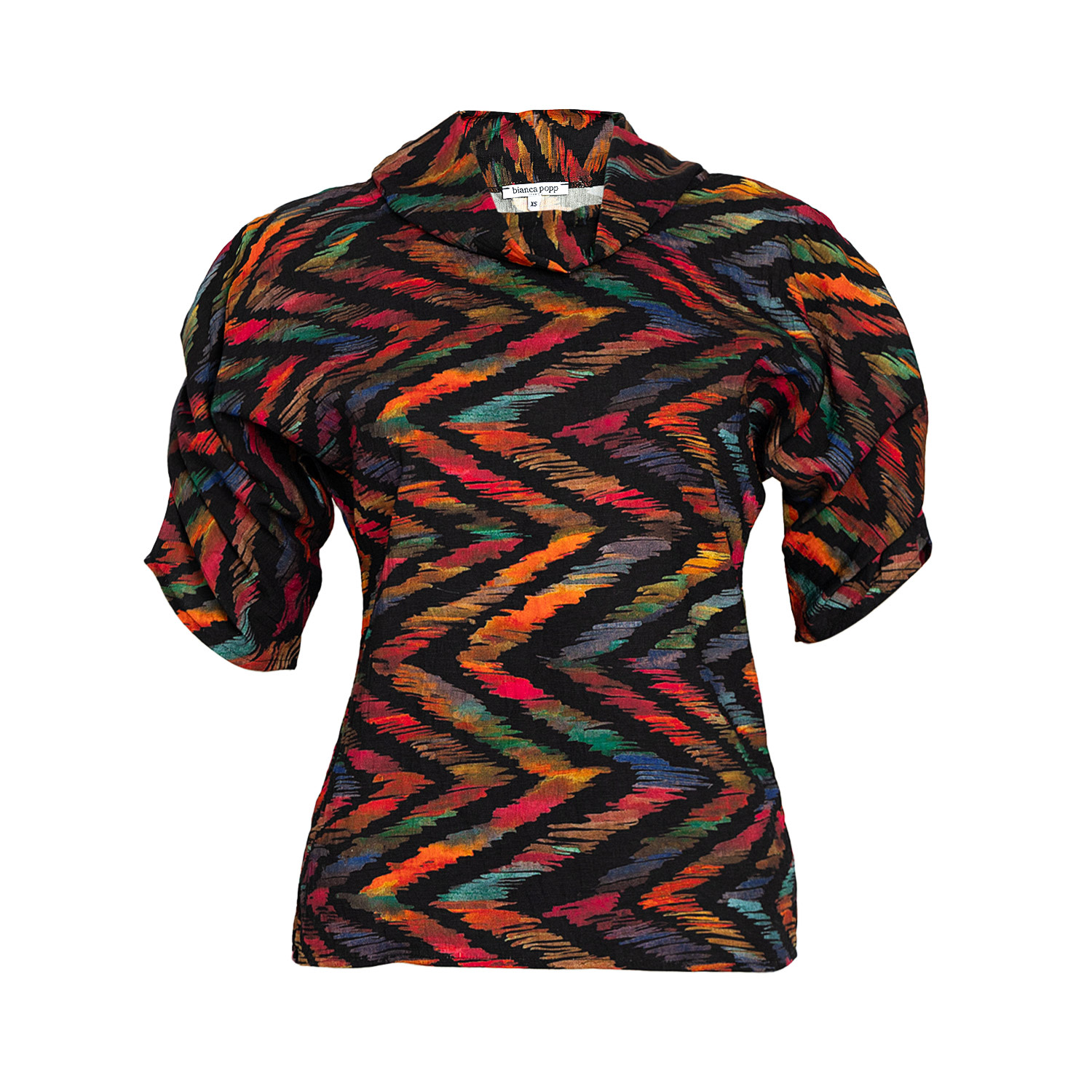 Bianca Popp Women's Black Puff Blouse With Collar In Scratched Multicolor Print In Black