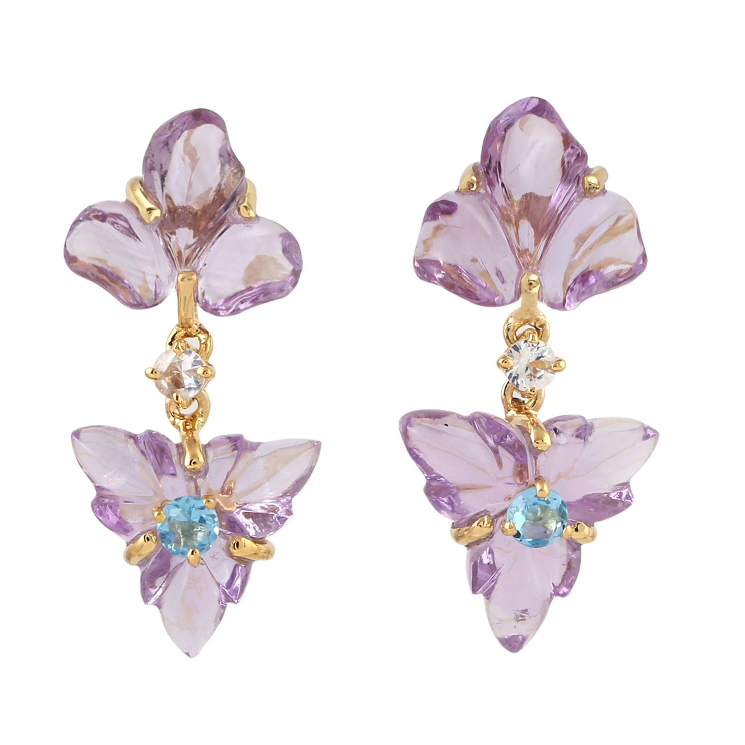 Women’s Gold / Pink / Purple Carved Amethyst & Blue Topaz With White Sapphire In 18K Gold Asymmetrical Dangle Earring Artisan