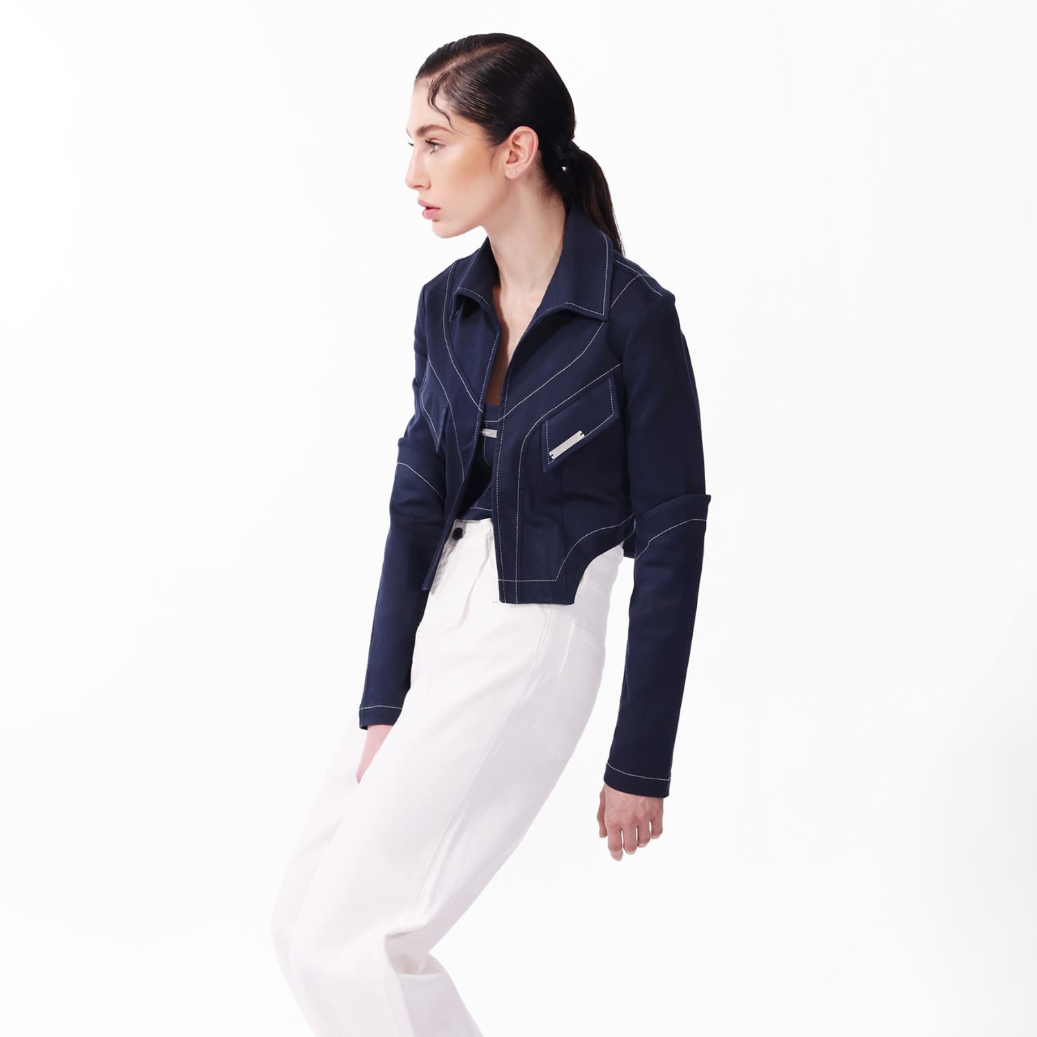 Kntlgy Navy Blue Cotton Crop Blazer | KNTLGY | Wolf & Badger