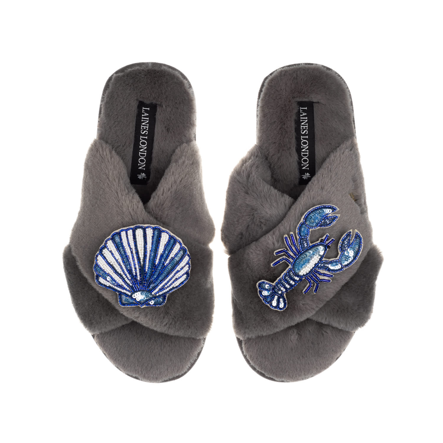 Laines London Women's Classic Laines Slippers With Mediterranean Blue Shell & Lobster Brooches - Grey In Grey