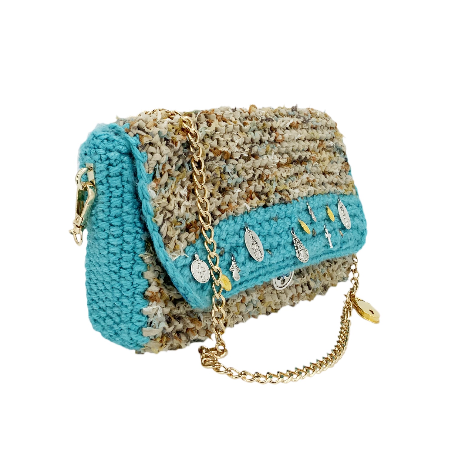 Women's Atlantico  Hand Knitted Bag With Medals - Tan & Blue | One Size | Hilo De Mar