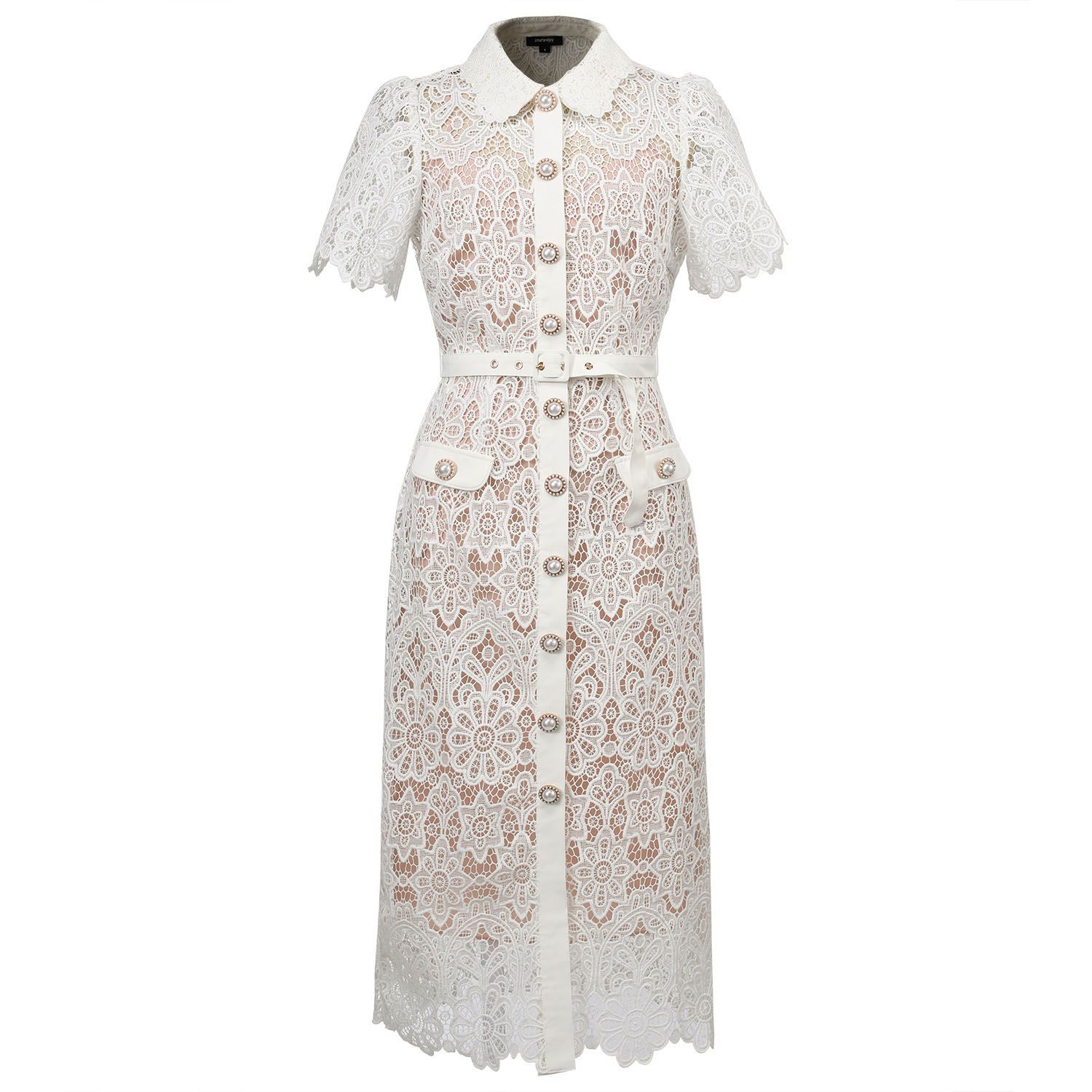 Smart And Joy Women's Sheer Full Lace Button Line Dress - White In White
