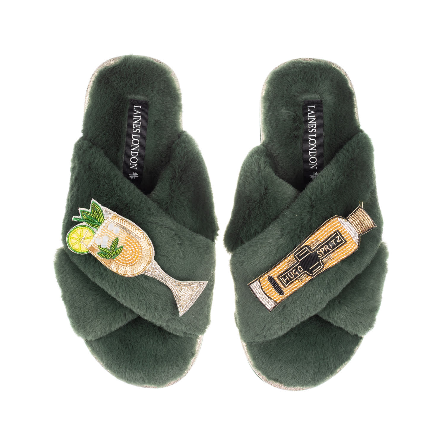 Laines London Women's Green / Gold Classic Laines Slippers With Hugo Spritz Brooches - Limited Edition Green In Green
