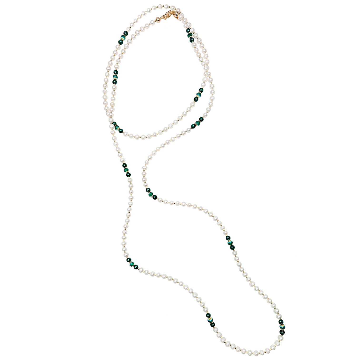 Farra Women's Green / White Malachite With Freshwater Pearls Versatile Long Necklace