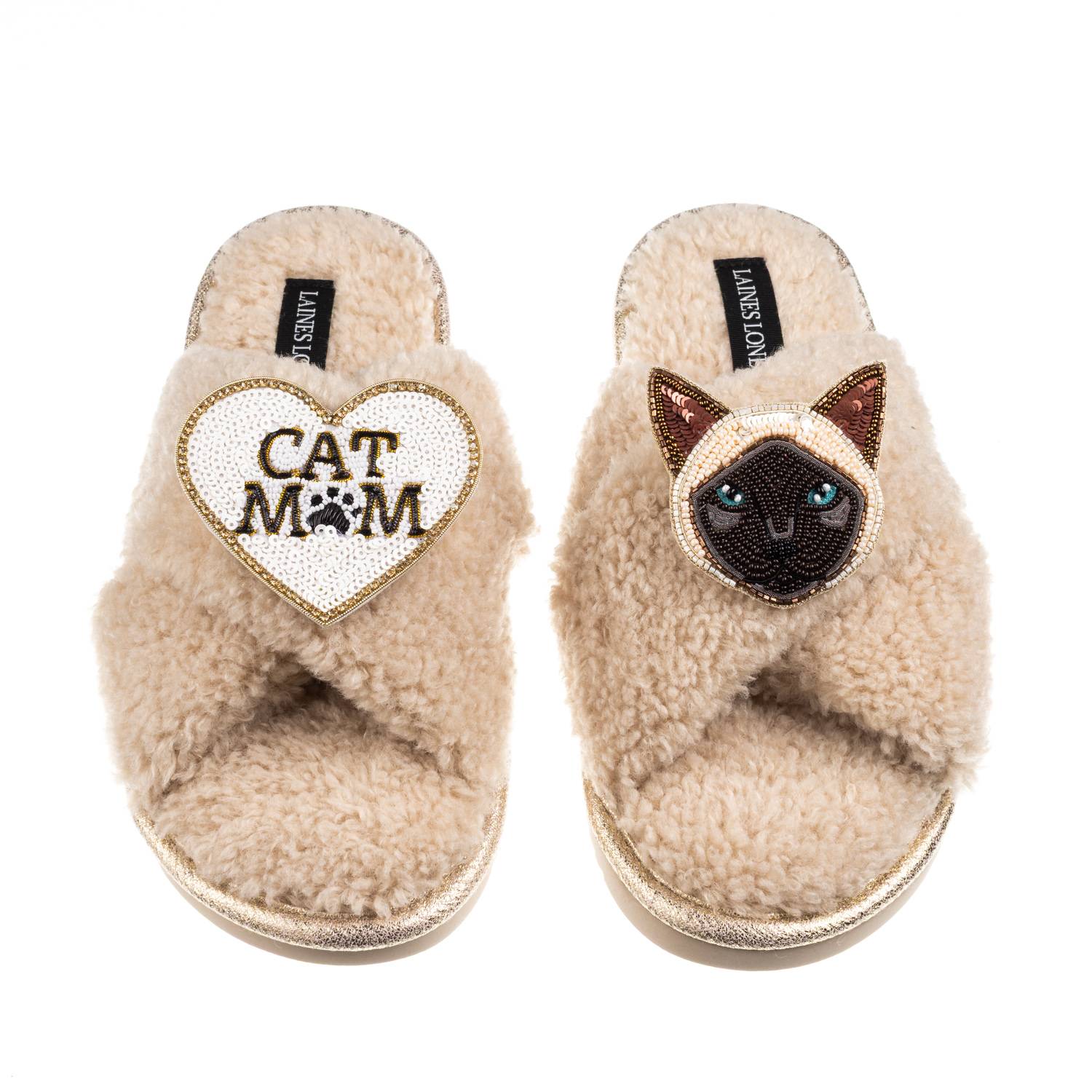 Laines London Women's Brown / Neutrals Boucle Slippers With Cat Mum/mom & Siamese Cat Brooches - Oatmeal In Brown