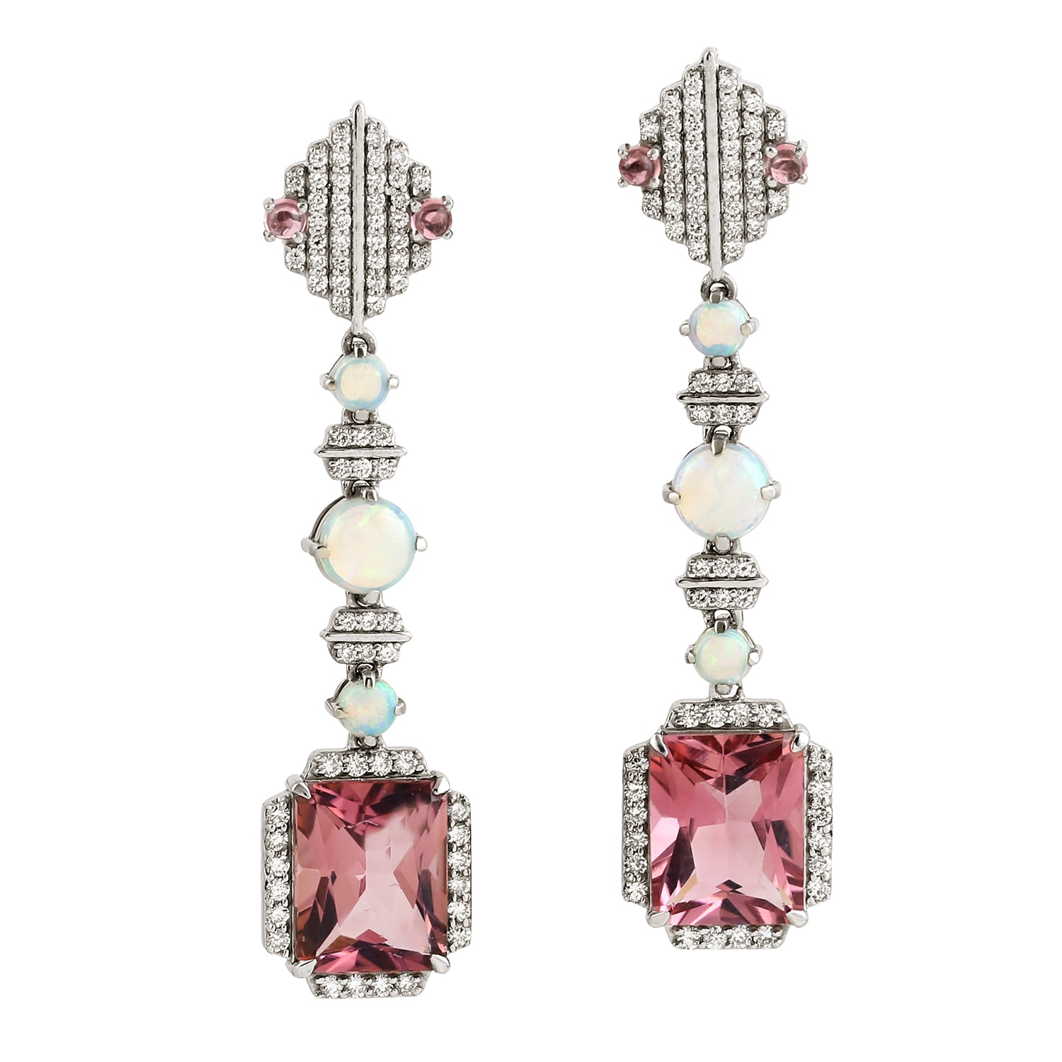 Artisan Women's Pink / Purple / White Ethiopian Opal & Pink Tourmaline Drop Earrings With Pave Diamonds In W In Multi