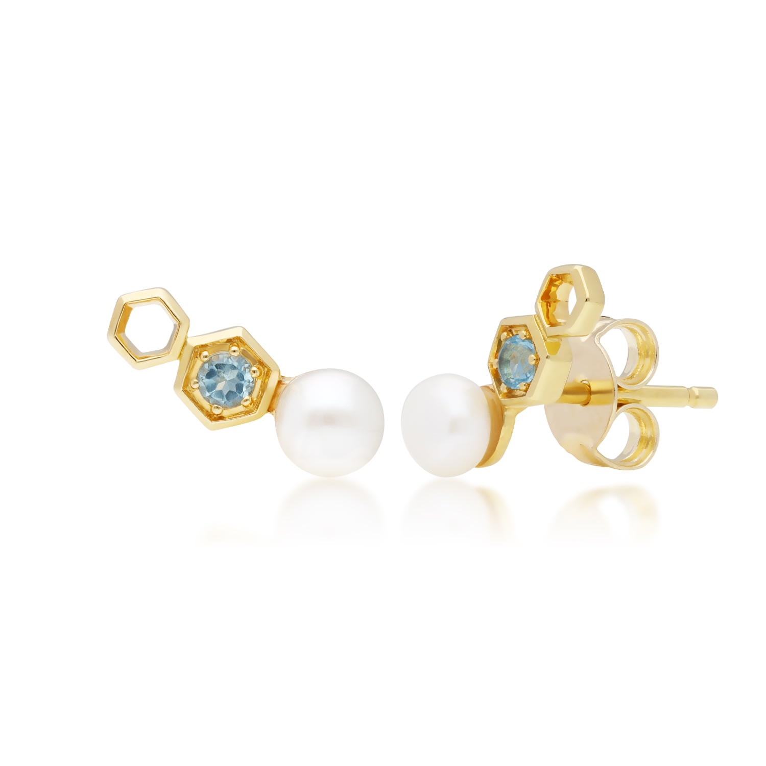 Women’s Blue Topaz & Pearl Climber Earrings In Yellow Gold Gemondo