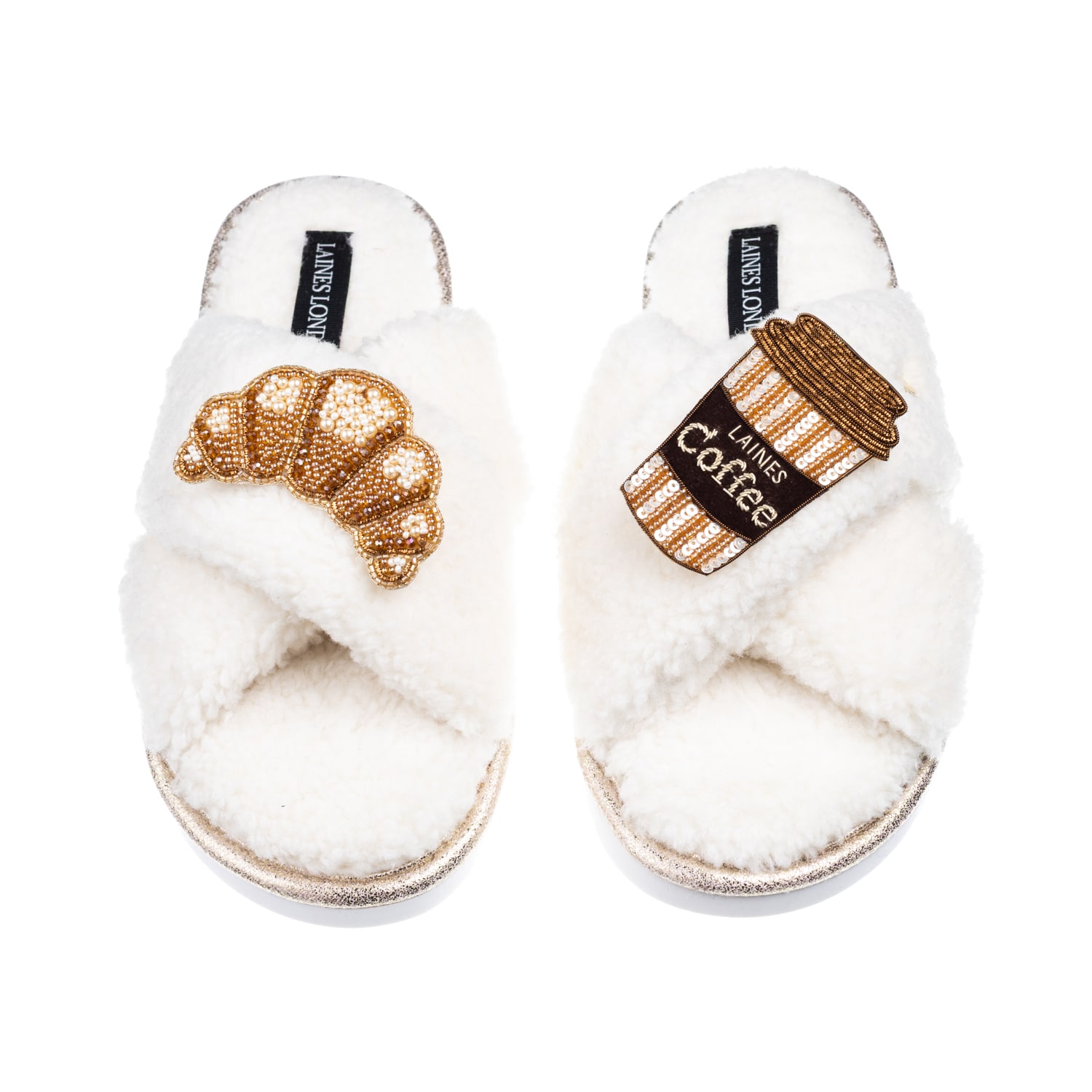 Laines London Women's Neutrals / White Laines Neutral Boucle Slippers With Coffee & Croissant Brooches - Cream