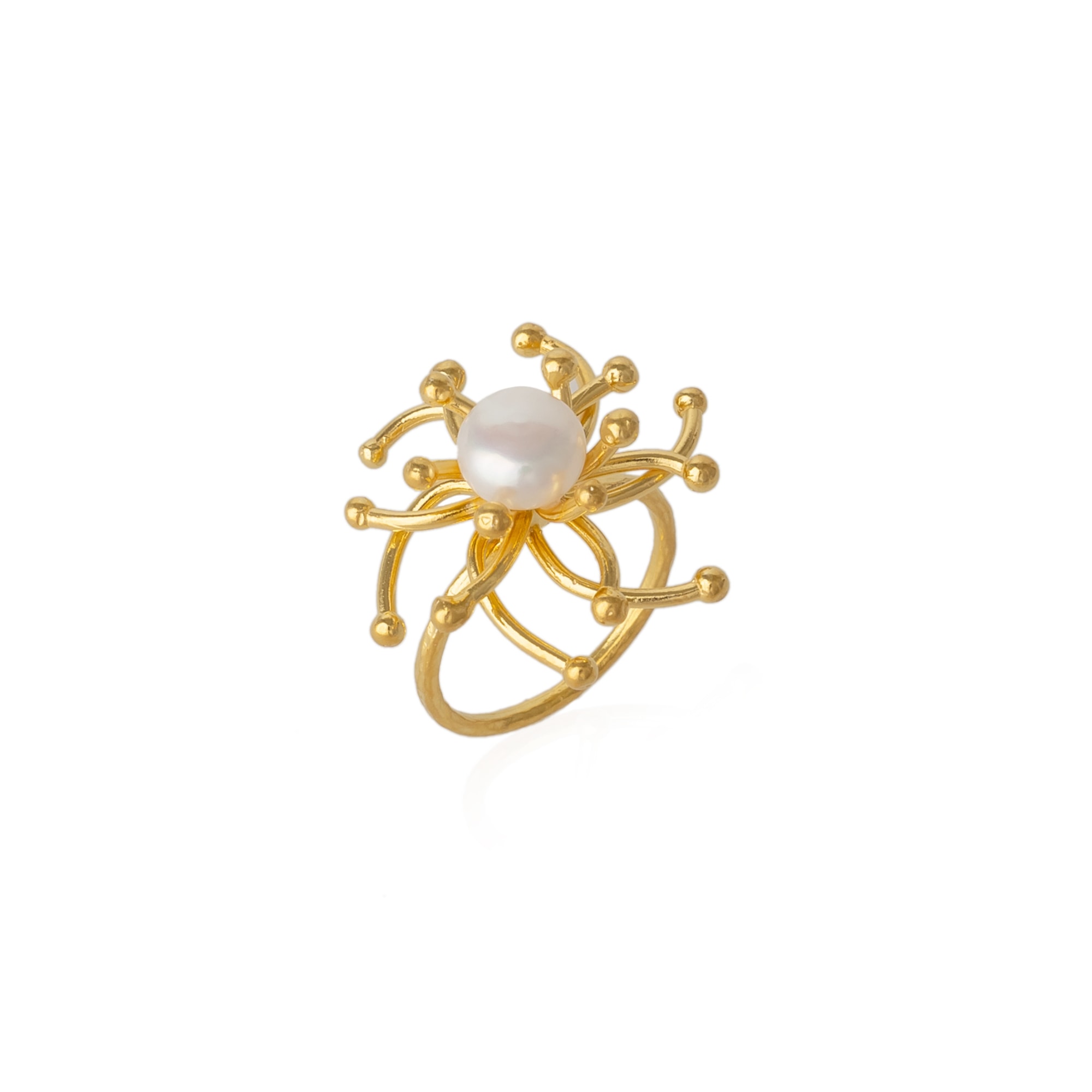 Spero London Women's Pearl Sun Molten Dripping Sunburst Sterling Silver Ring - Gold