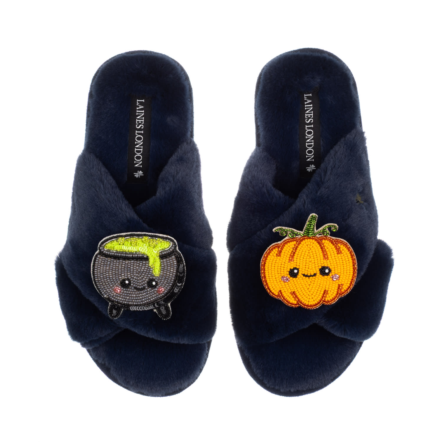 Laines London Women's Blue Classic Slippers With Limited Edition Laines Lovables Pumpkin & Cauldron Halloween Broo In Blue