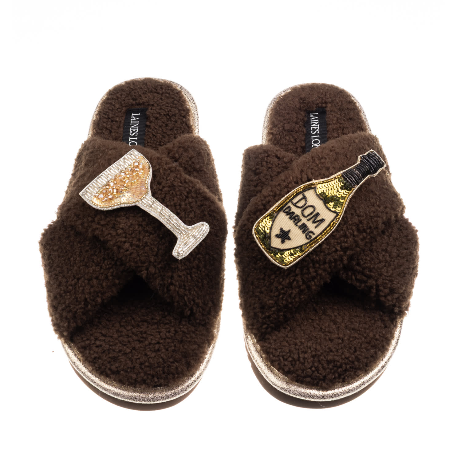 Laines London Women's Brown / Neutrals Laines Neutral Boucle Slippers With Dom Darling Champagne Brooches - Chocol In Brown