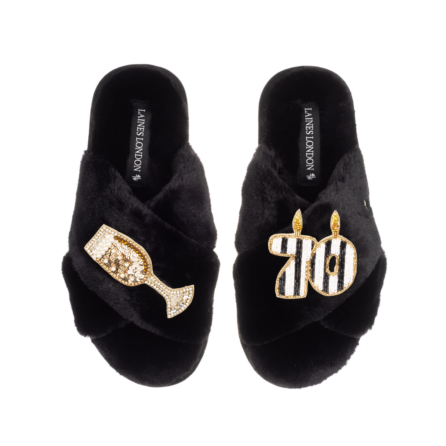Laines London Women's Classic Laines Slippers With Stripe 70th Birthday & Glass Of Champagne Brooches - Black In Black