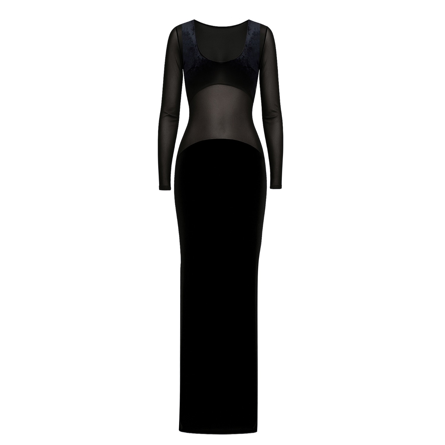 Moda Glam Women's Enigma Velvet & Sheer Mesh Gown- Black