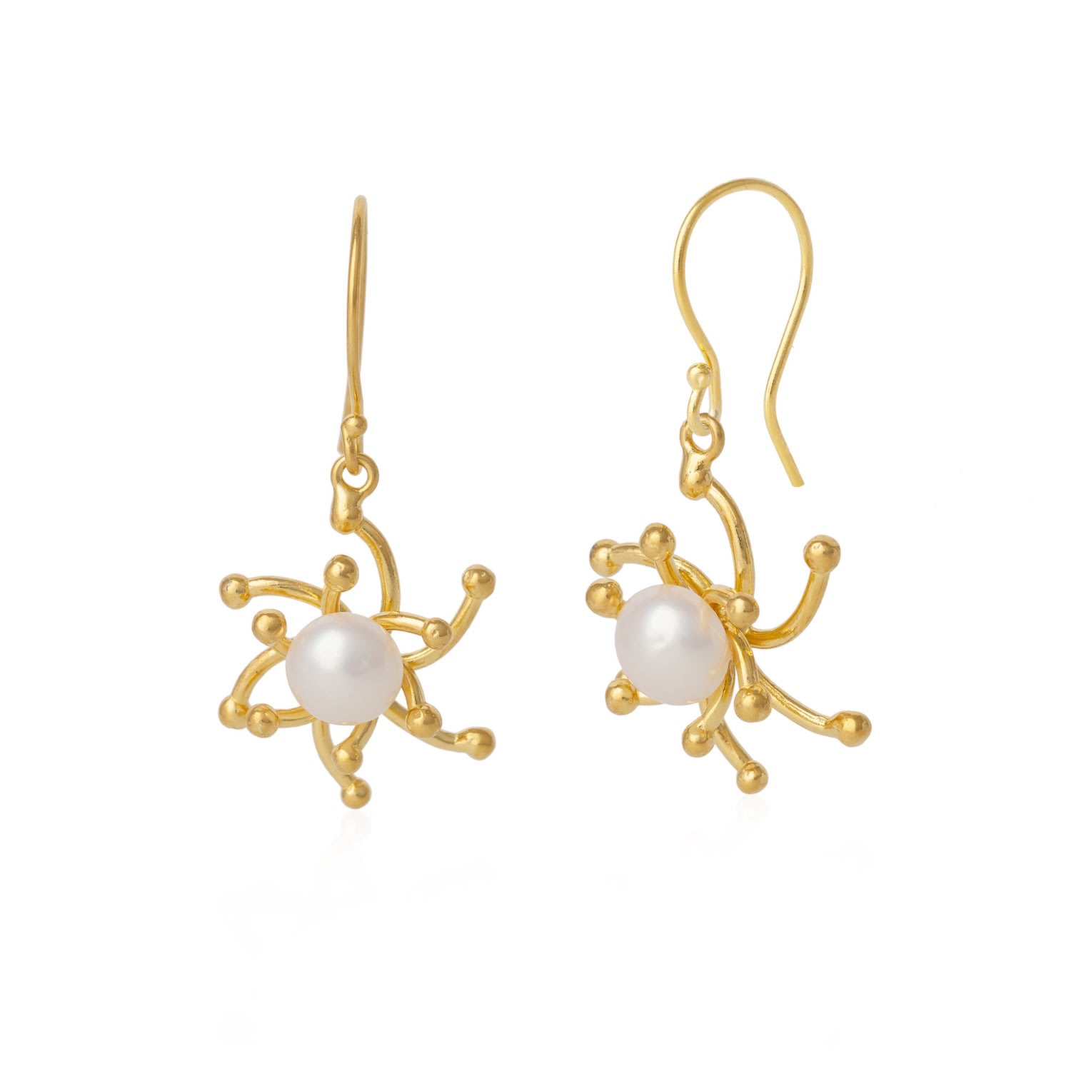 Women’s Pearl Sun Molten Dripping Two Way Sunburst Sterling Silver Drop Earring - Gold Spero London