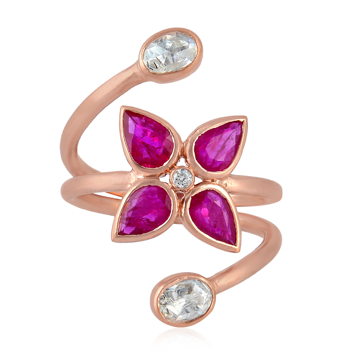 Women’s Rose Gold / Red / White Rose Cut Diamond Ruby 18K Rose Gold Flower Design Ring Artisan