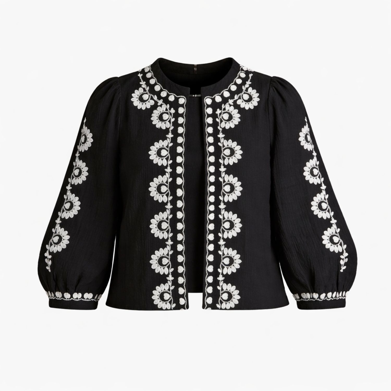 Women's Polly Black And Ivory Embroidered Easy Throw-On Jacket | Extra Large | Rose & Nancy