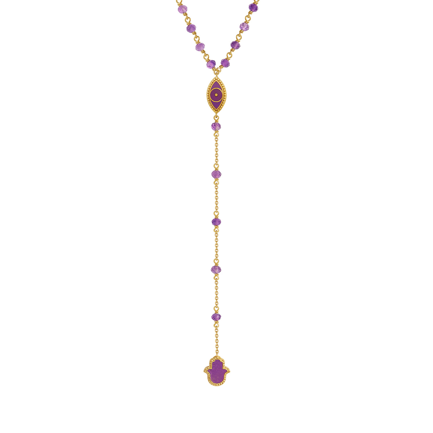Karma And Luck Women's Purple / Gold Guardian Spirit Amethyst Hamsa & Evil Eye Gold Necklace In Brown