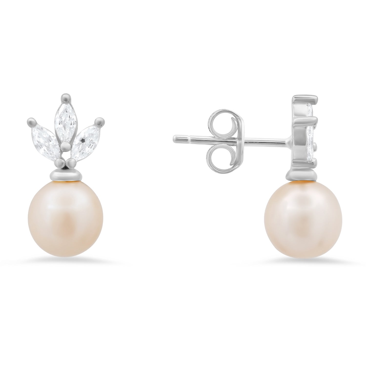 Women’s Marquise-Cut Diamond Cz & Pearl Drop Stud Earrings In Sterling Silver Kylie Harper