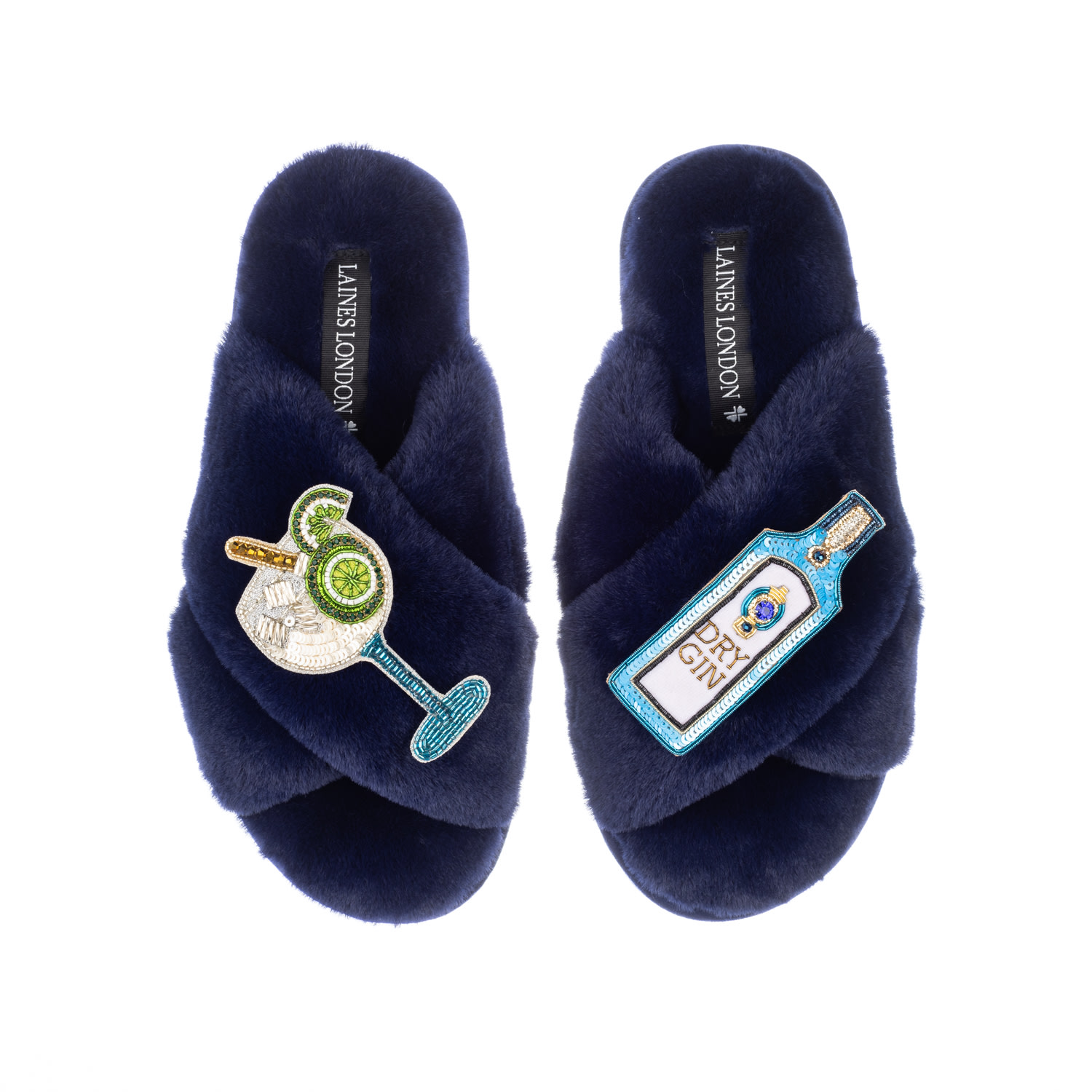 Women's Blue Classic Laines Slippers With Sapphire Gin & Glass Brooches - Navy | Medium | Laines London