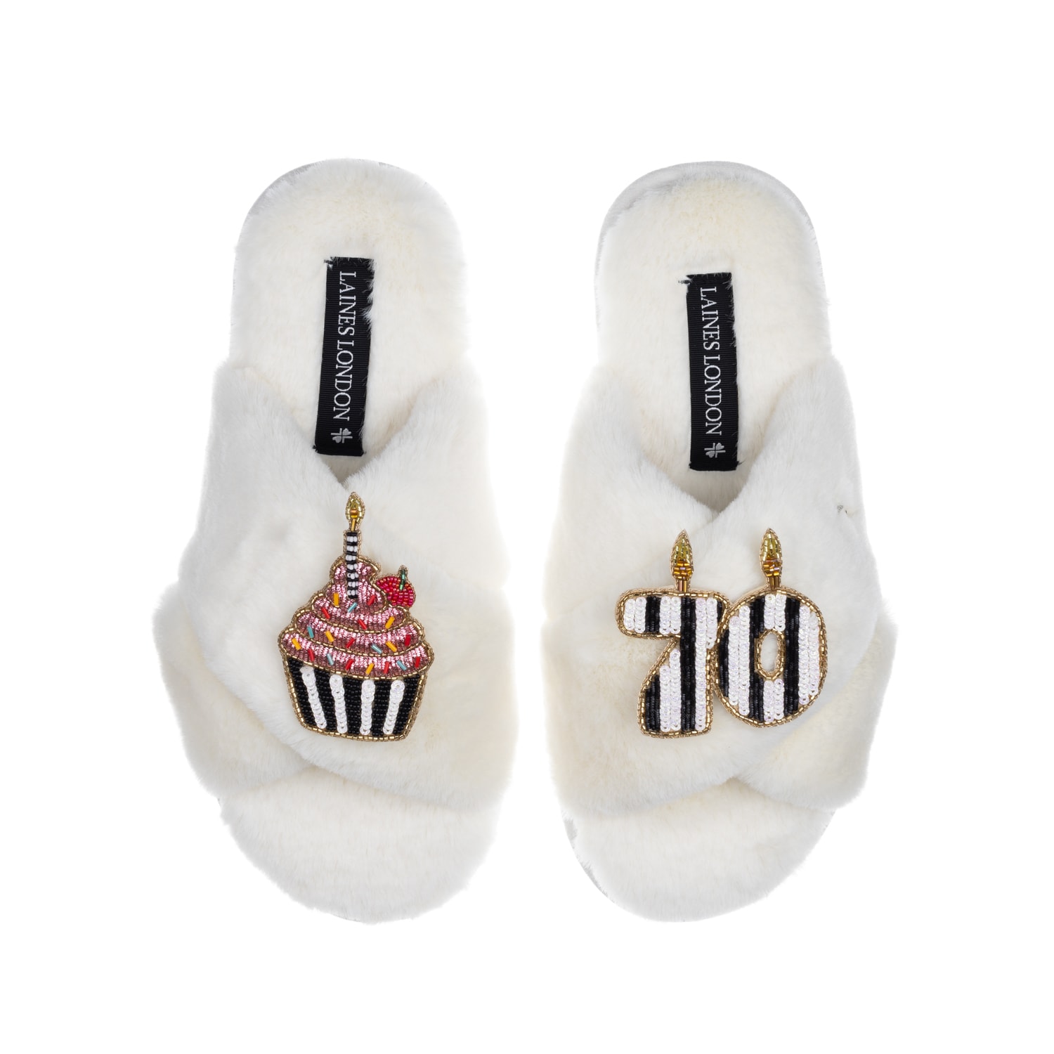 Laines London Women's White Classic Laines Slippers With Stripe 70th Birthday & Cake Brooches - Cream In White