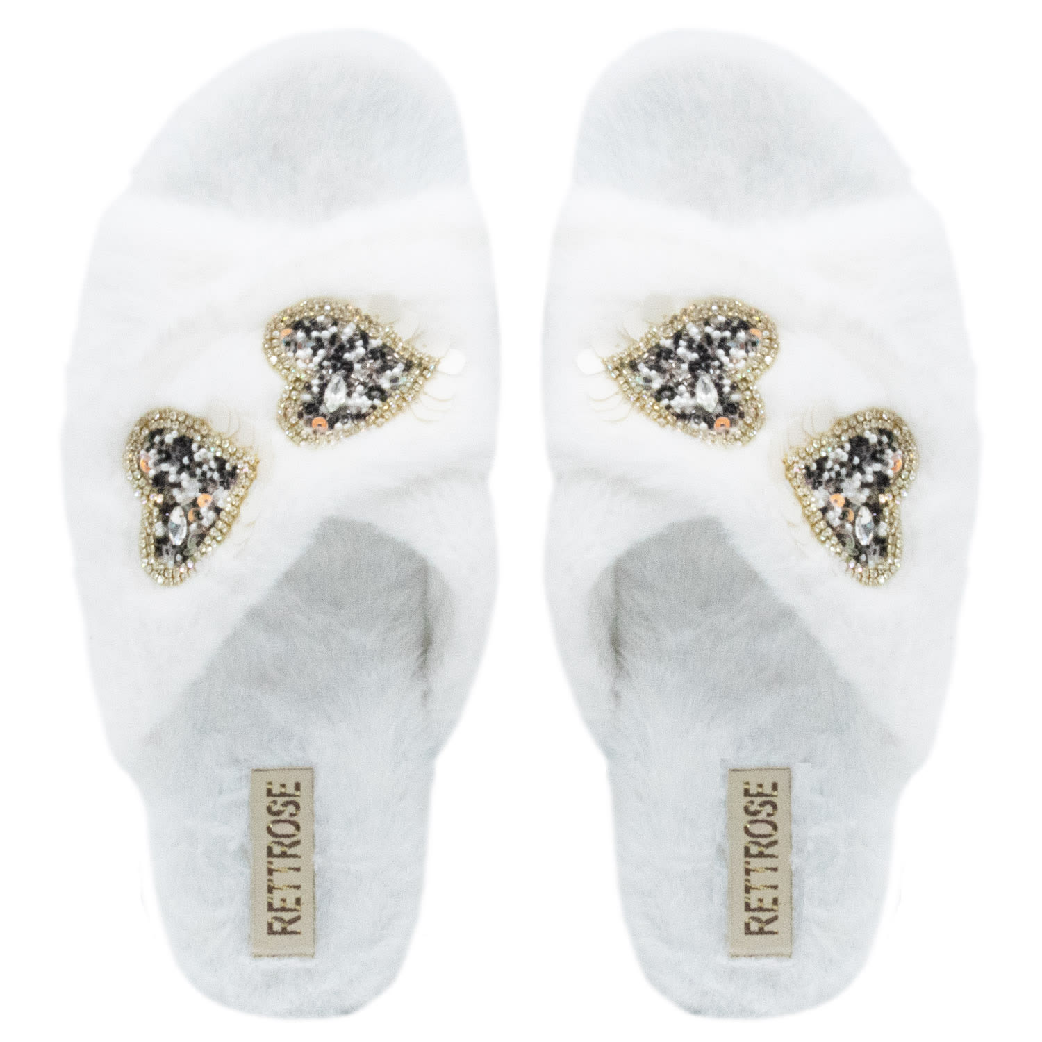 Rettrose Women's Neutrals The Katie Cream Luxury Plush Diamanté Heart Embellished Handmade Slipper In White
