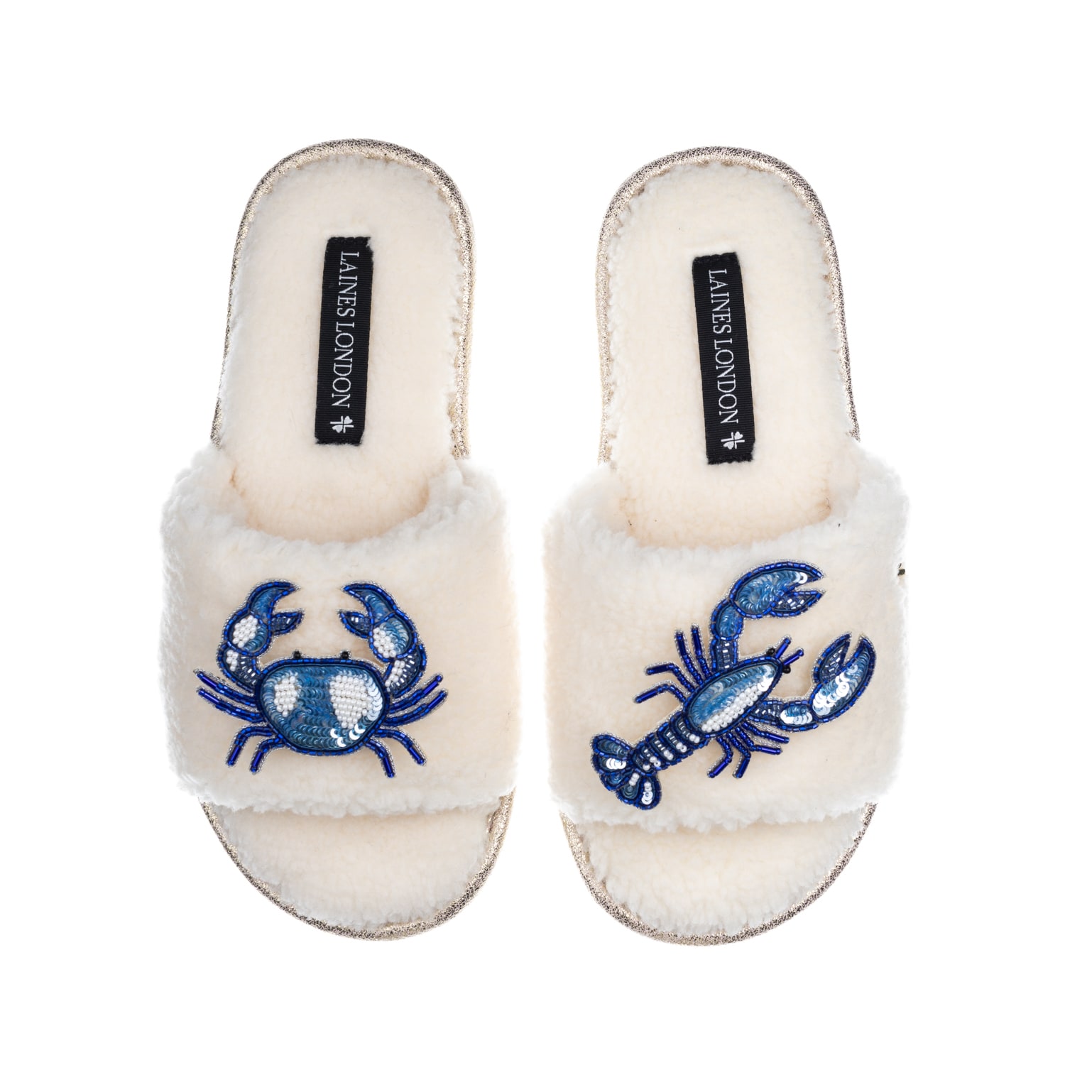 Laines London Women's White Teddy Toweling Slipper Slider With Mediterranean Blue Crab & Lobster Brooches - Cream In White