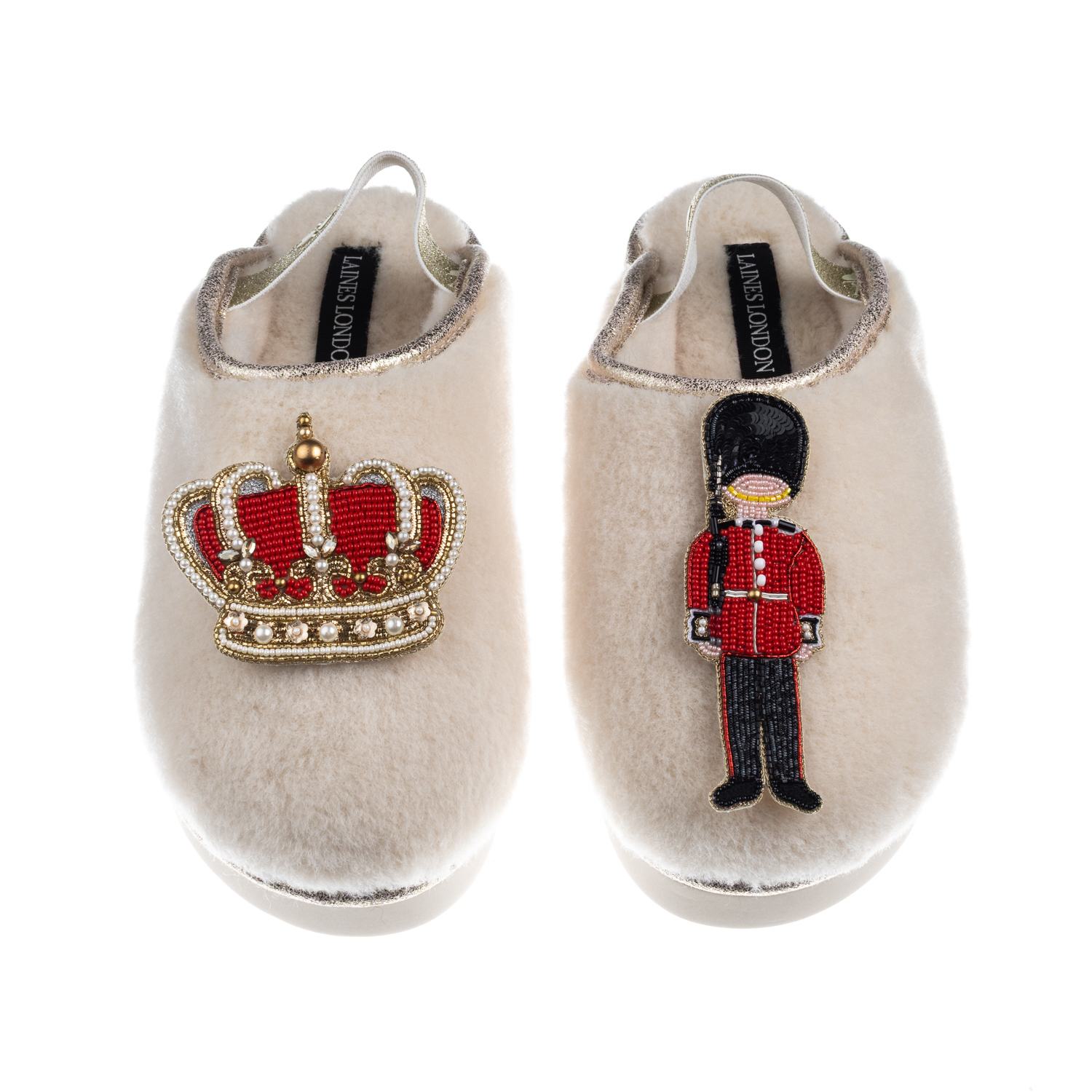 Laines London Women's Gold / Neutrals / White Flatform Cloud Slippers With Royal Crown & Grenadier Guard Brooches  In Multi