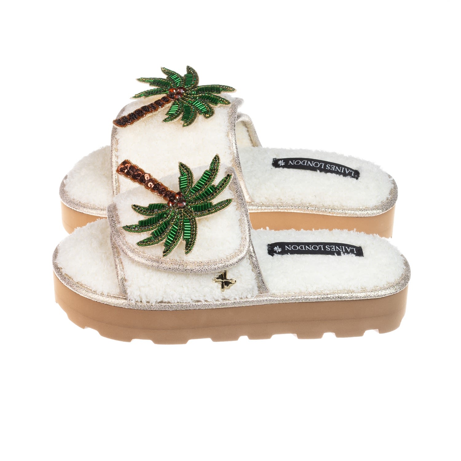 Women’s White Terry Towelling Flatform Sliders With Palm Tree Brooches - Cream Large Laines London