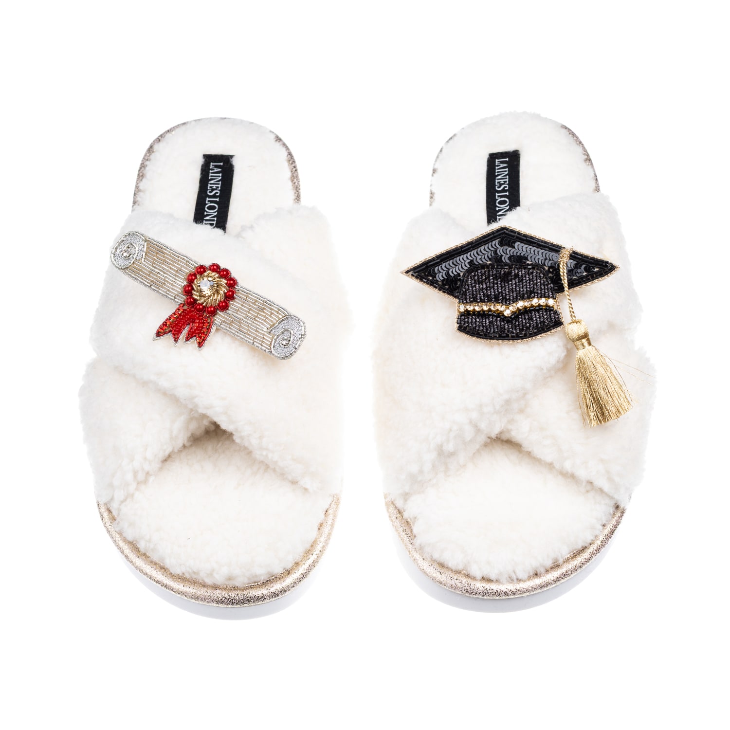 Laines London Women's Neutrals / White Laines Neutral Boucle Slippers With Graduation Brooches - Cream