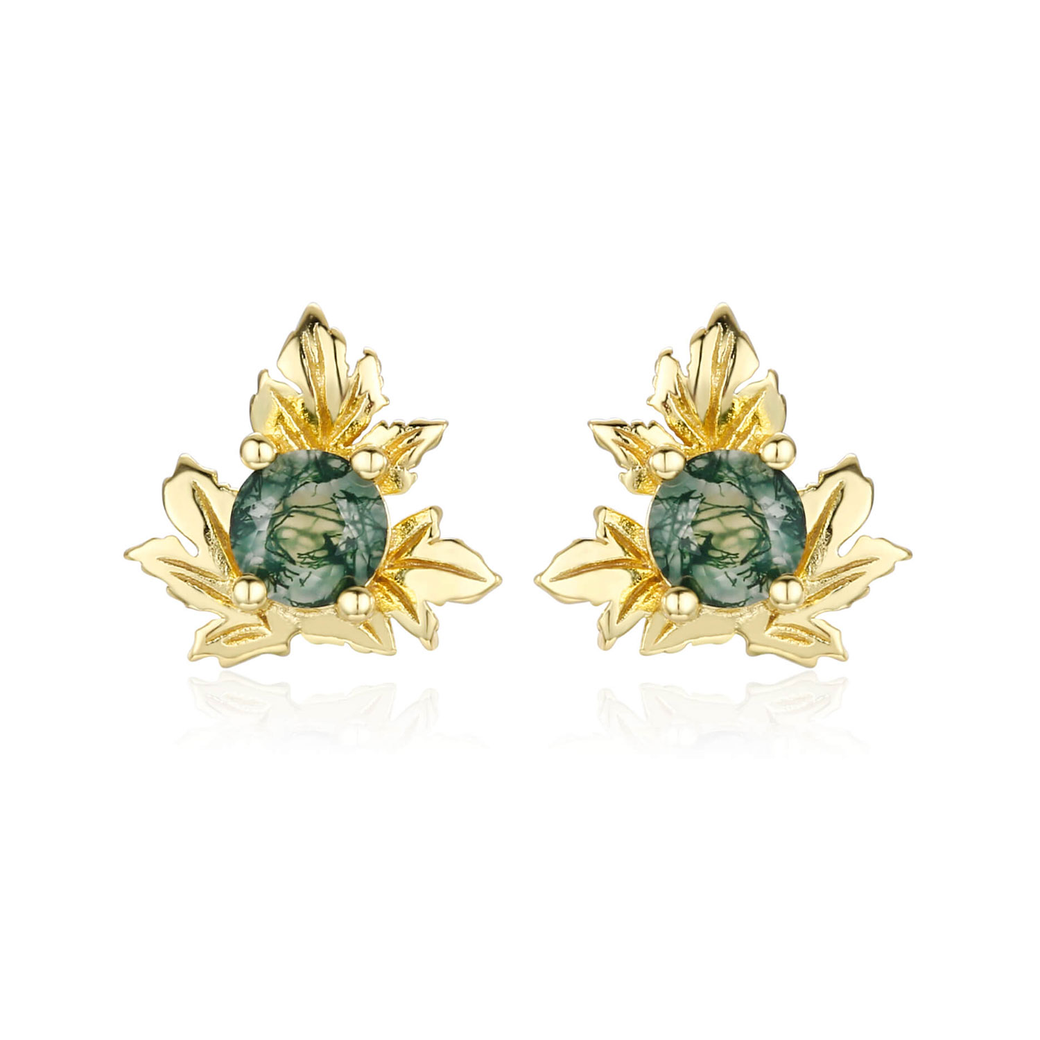 Azura Jewelry New York Women's Frosted Fern Moss Agate Studs Yellow Gold Vermeil