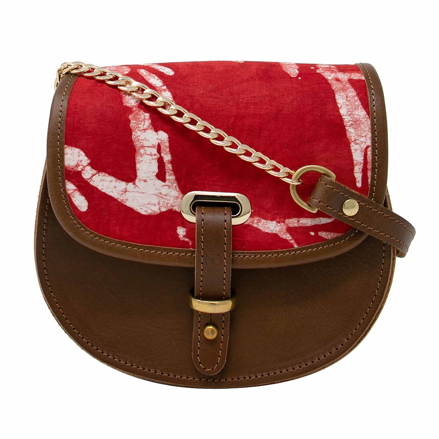 Women’s Brown Mini Victoria Amaka Red & White African Print Full Grain Tan Leather Crossbody Saddle Bag With Gold Chain N’damus London