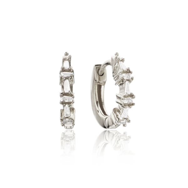 Lily & Roo Small Silver Baguette Diamond Style Huggie Hoop Earrings In Hoop