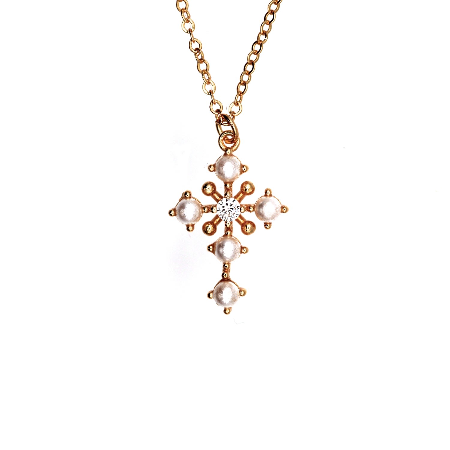 Women’s Rose Gold Natural Diamond And Pearl Cross Rose Solid Gold Necklace Vicstonenyc Fine Jewelry