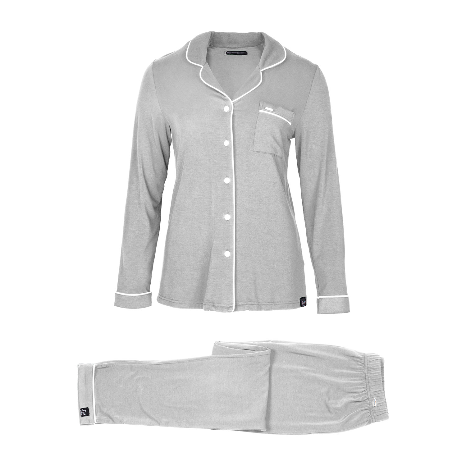 Pretty You Women's Bamboo Long Sleeved Trouser Pyjama In Grey Marl In Grey