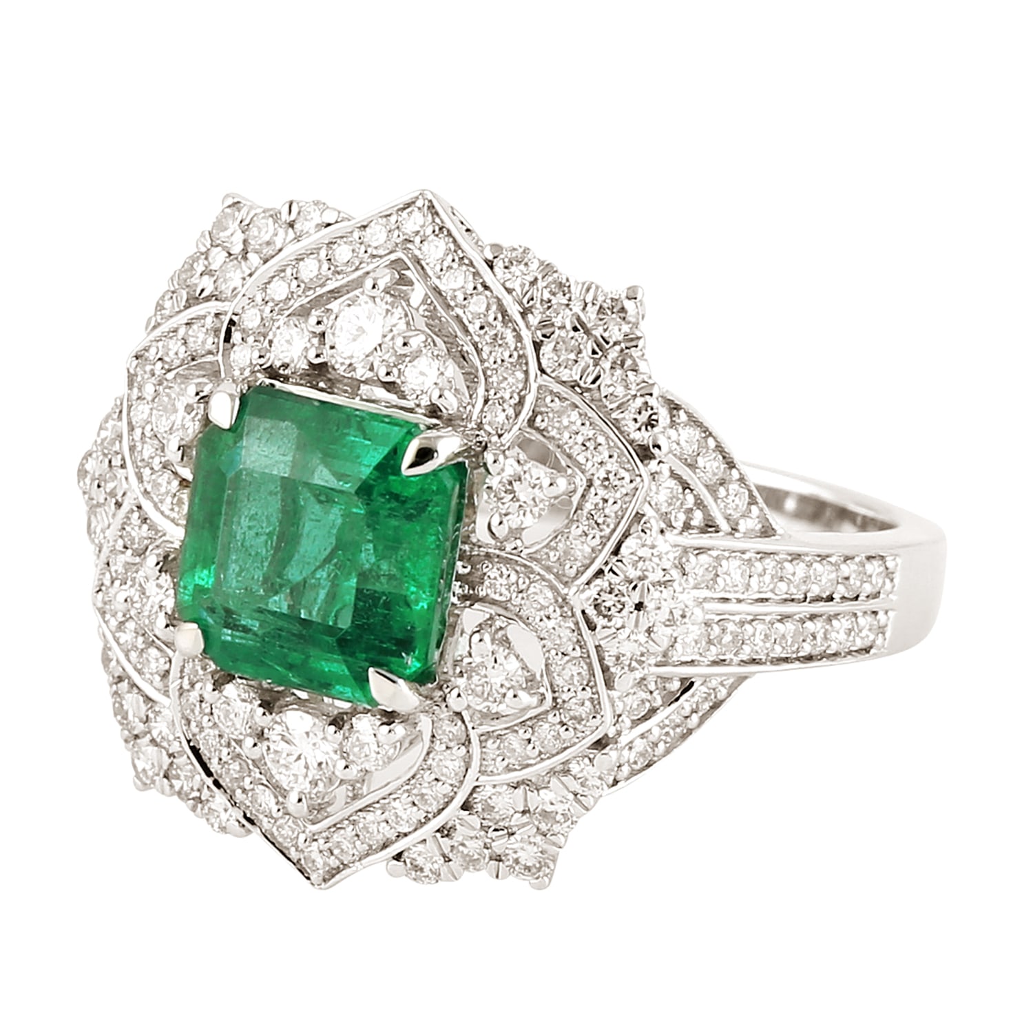 Artisan Women's White / Green Emerald Gemstone & Diamond Cocktail Ring In 18k White Gold
