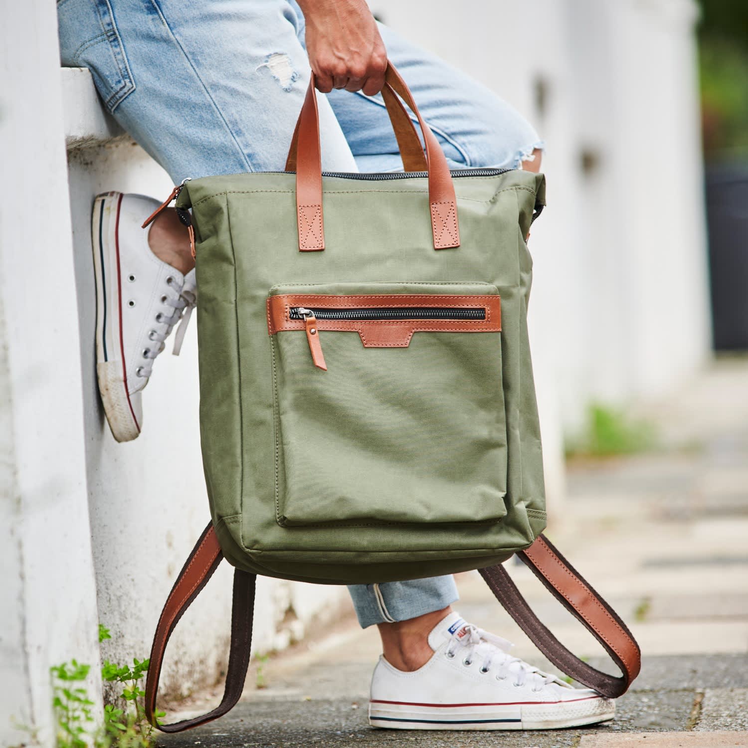 Leather Trim Top Zip Backpack - Green | VIDA VIDA | Wolf & Badger