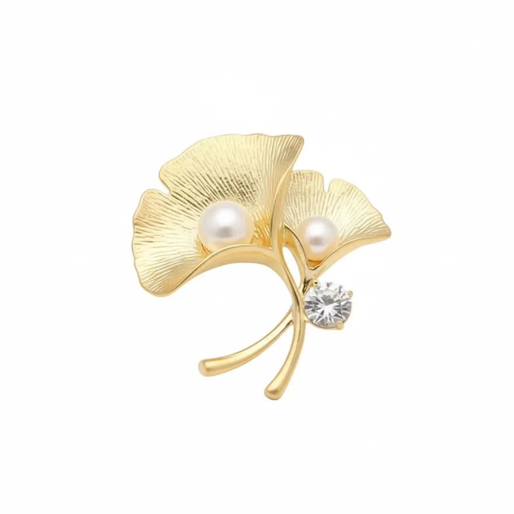 Women's Gold Natural Freshwater Pearl Ginkgo Leaf Brooch | Angel Barocco