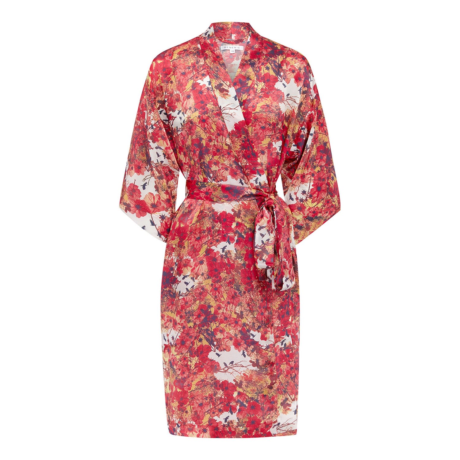 Genevie Women's Red / Pink / Purple Blackbirds Silk Kimono Robe