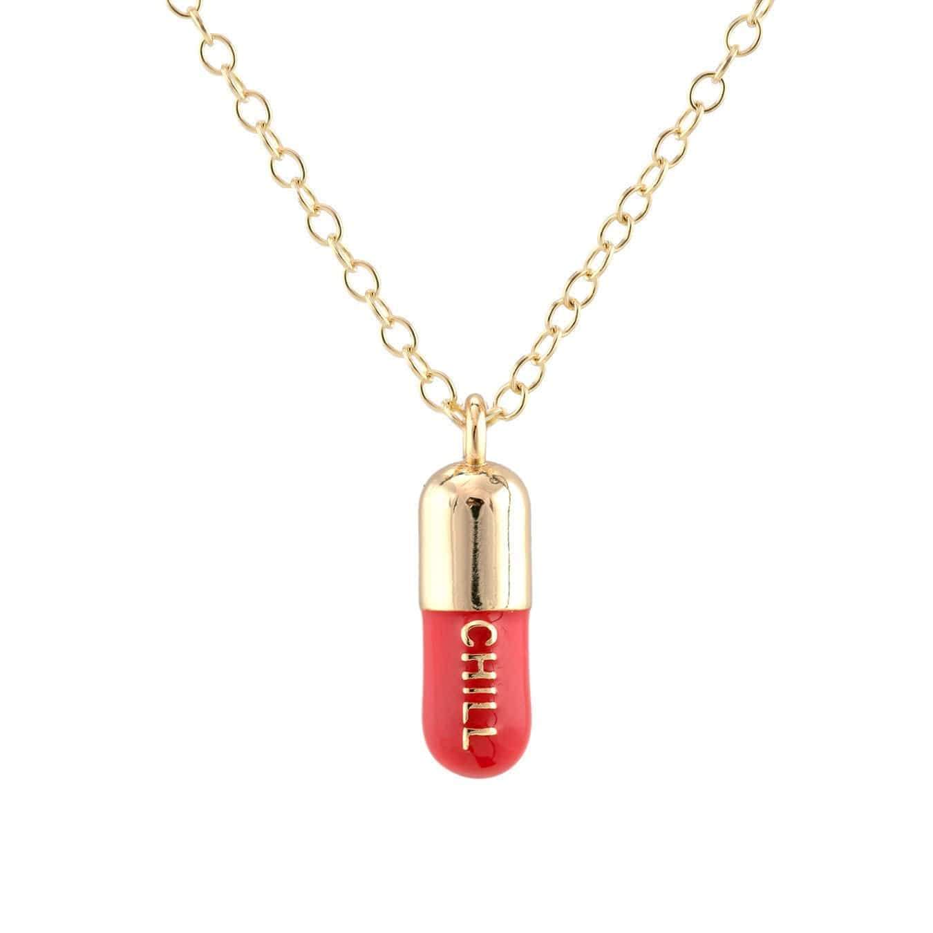 Women’s Chill Pill Enamel Necklace Gold Filled & Coral Red Enamel Kris Nations