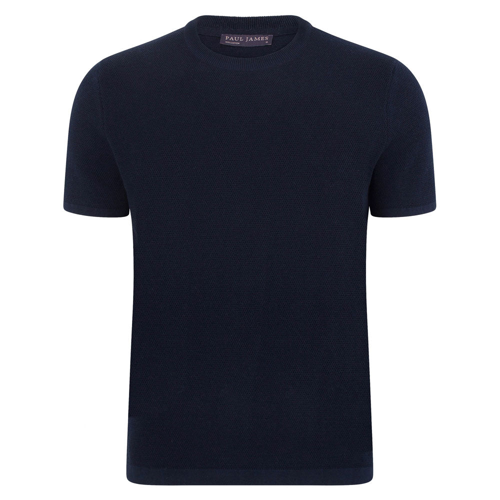 Blue Mens Heavyweight Rossi Cotton Knitted Textured T-Shirt - Navy Large Paul James Knitwear