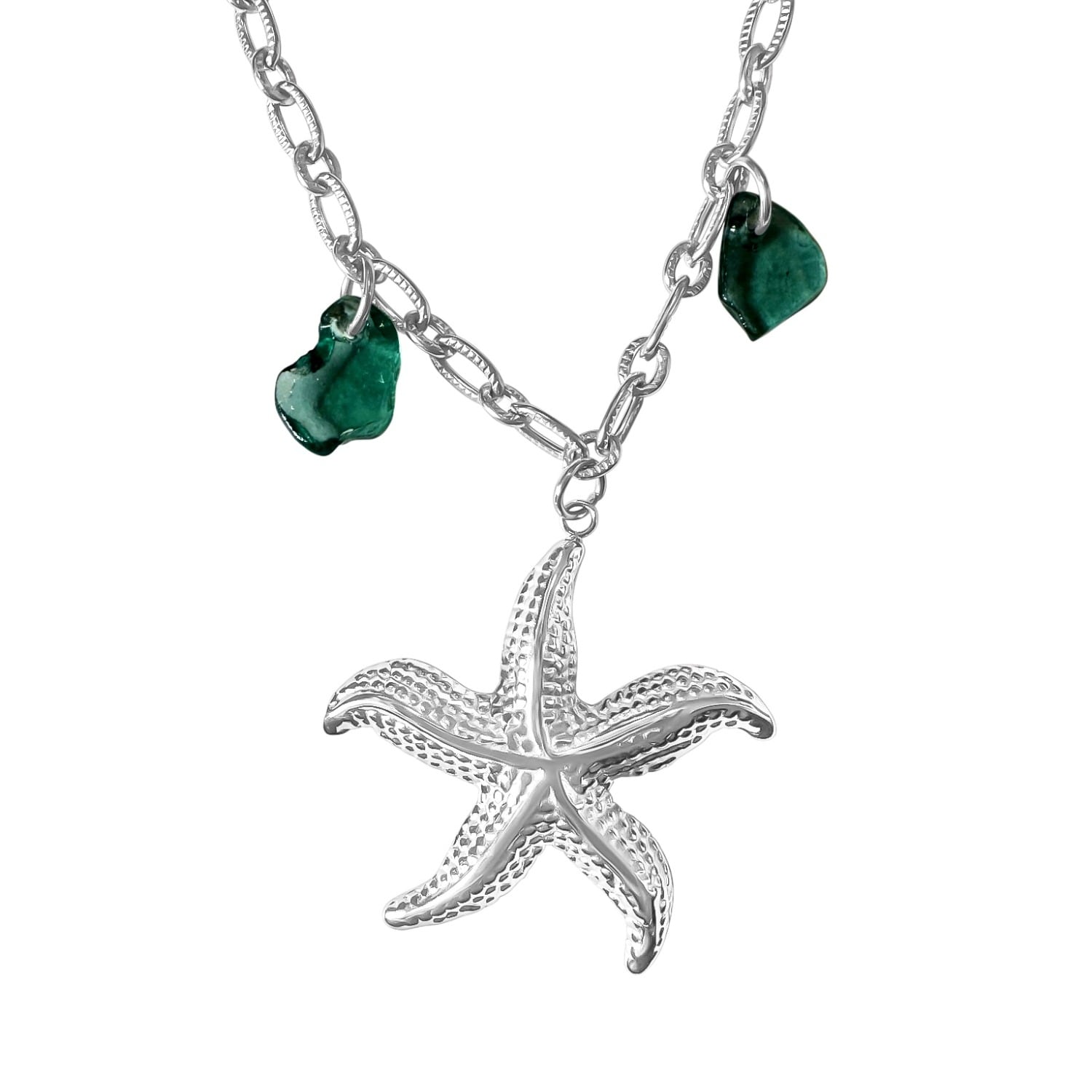 Glasstyk I/s Women's Starfish Necklace Blue Sea Glass Steel