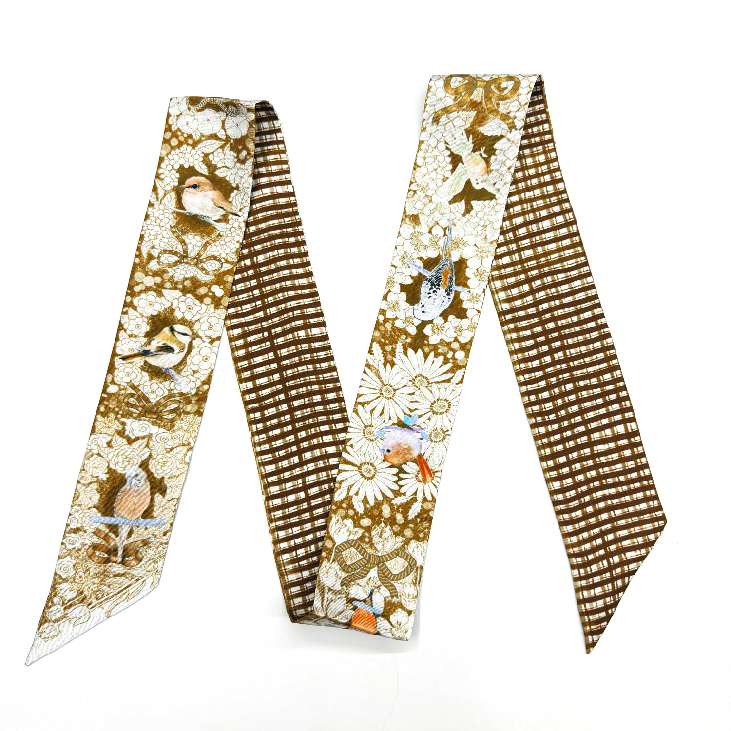 Women's Wenzi Mulberry Silk Ribbon Scarf, Long Skinny Scarf, Hair Scarf, Purse Scarf, Caramel Brown Bird Ribbon