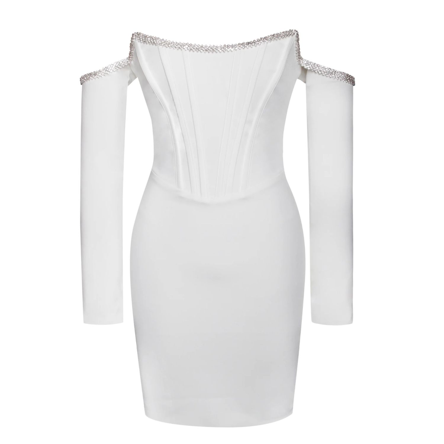 Miss Circle New York Women's Annika White Off Shoulder Long Sleeve Corset Dress With Crystal Trim