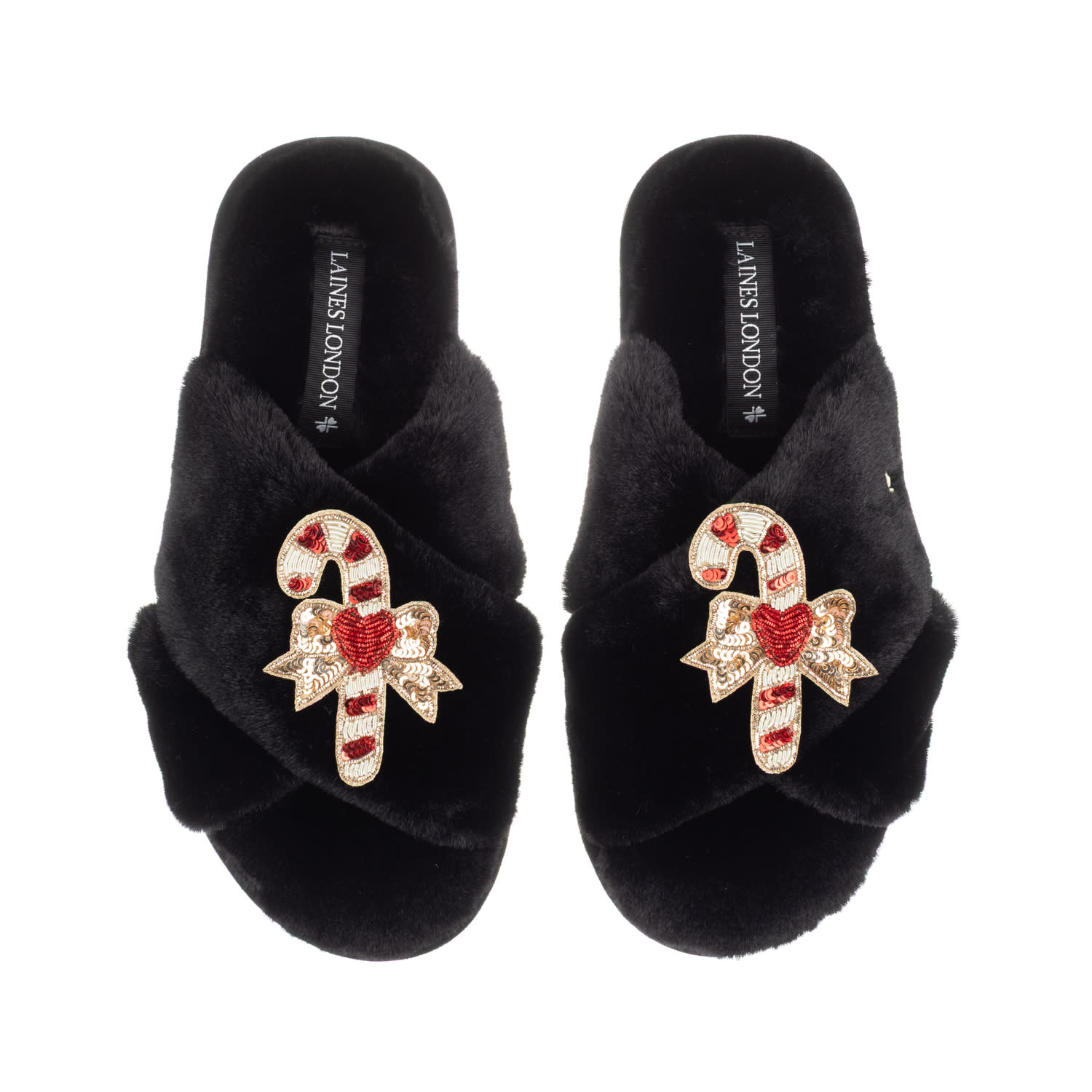 Laines London Women's Classic Laines Christmas Collection Slippers With Double Red Candy Cane Brooches - Black In Black
