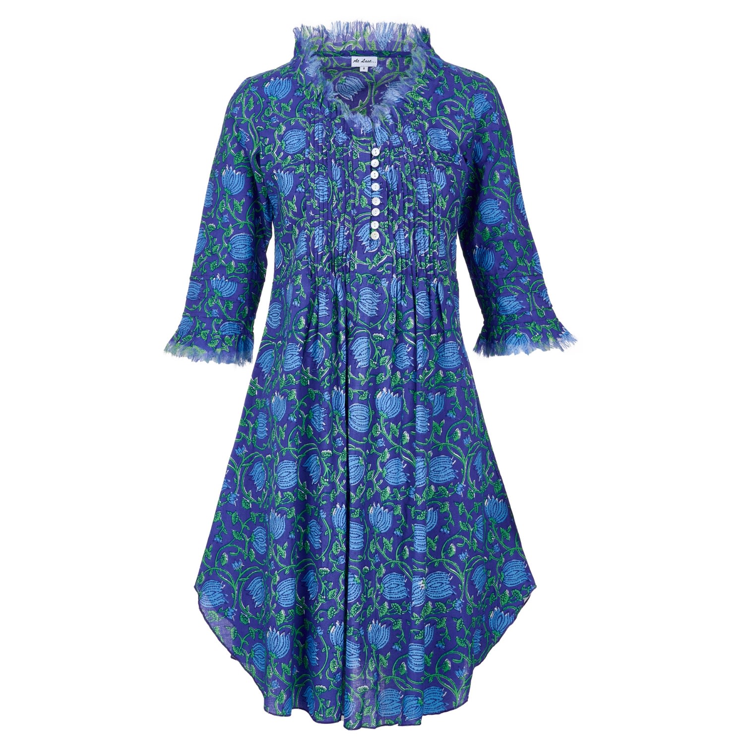 At Last... Women's Annabel Cotton Tunic In Royal Blue With Blue & Green Flower In Blue