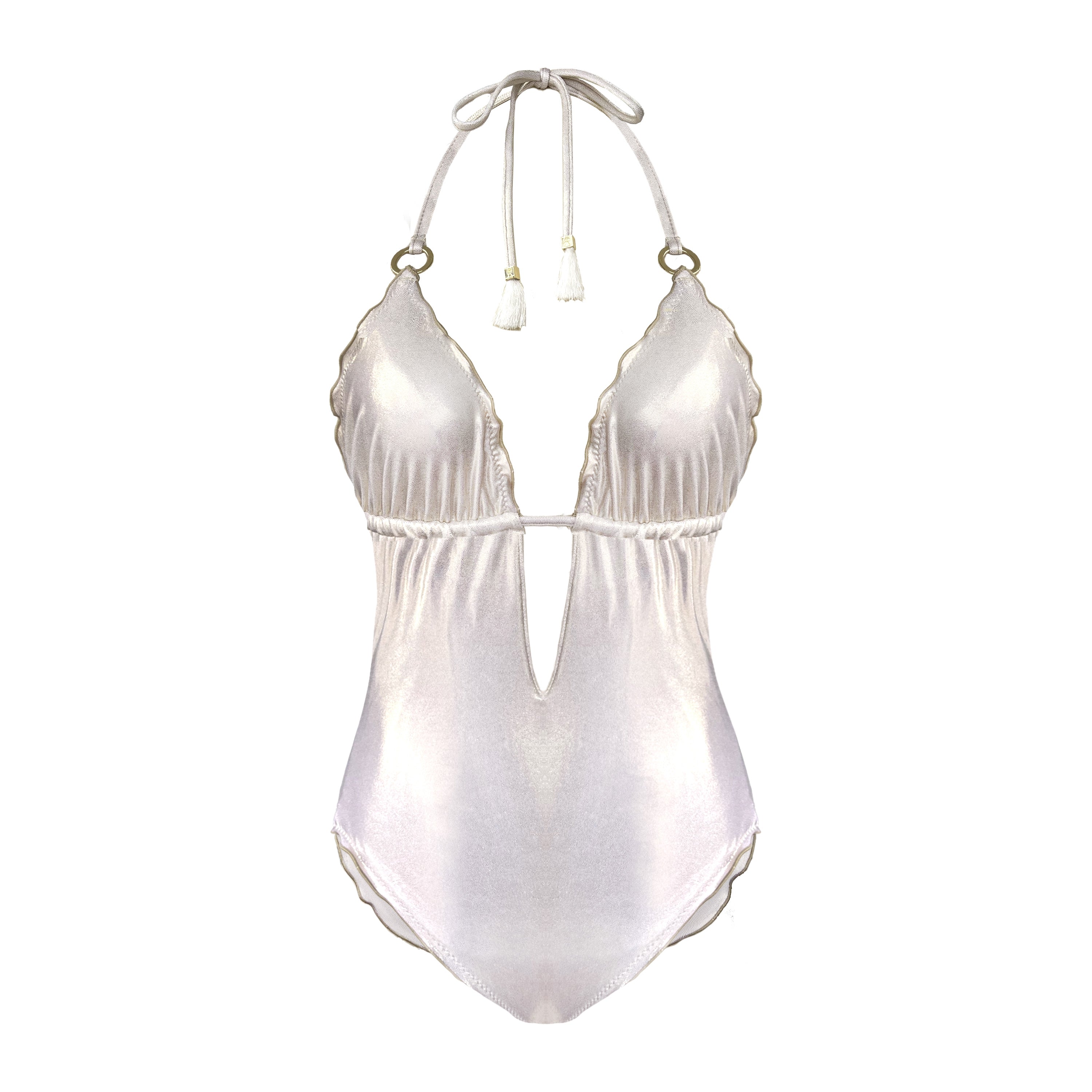 Deessa Ibiza Women's Ibiza Swimsuit One-piece Plunge Maillot Anita White Gold Metallic In Gold