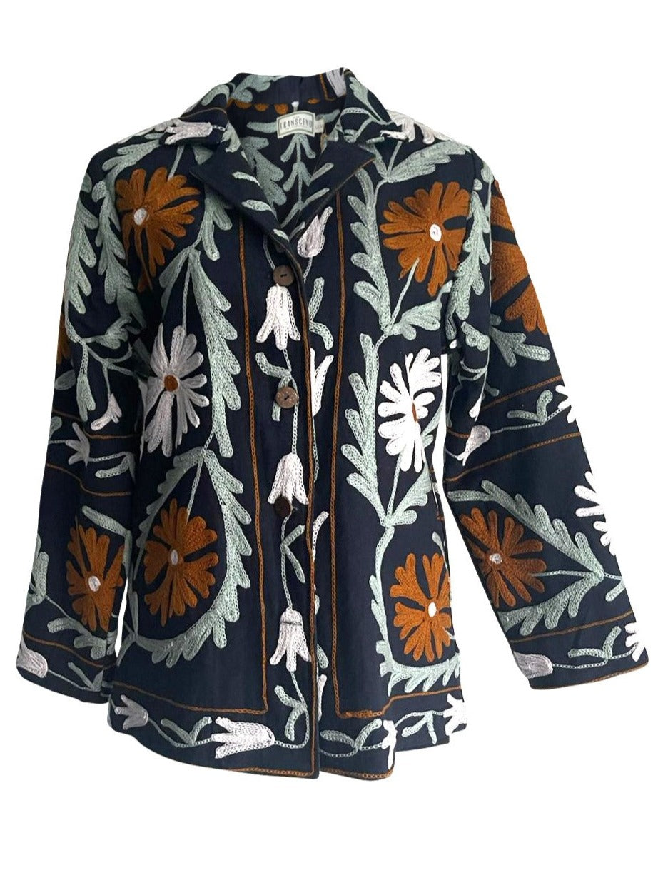 Transcend Women's Black / Yellow / Orange Malika Coat Short - Suzani Embroidery Black & Brown - Medium In Black/yellow/orange