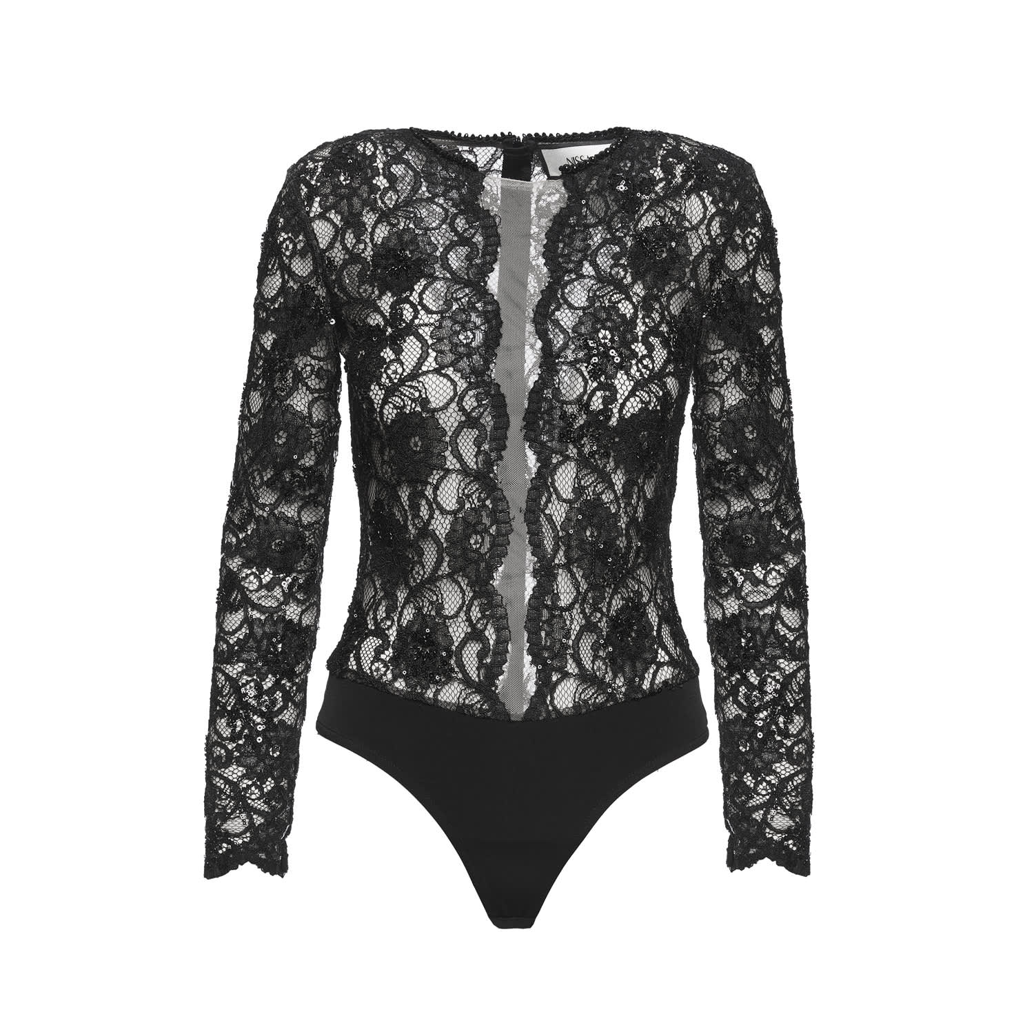 Nissa Women's Black Sequin-detail Lace Bodysuit In Black