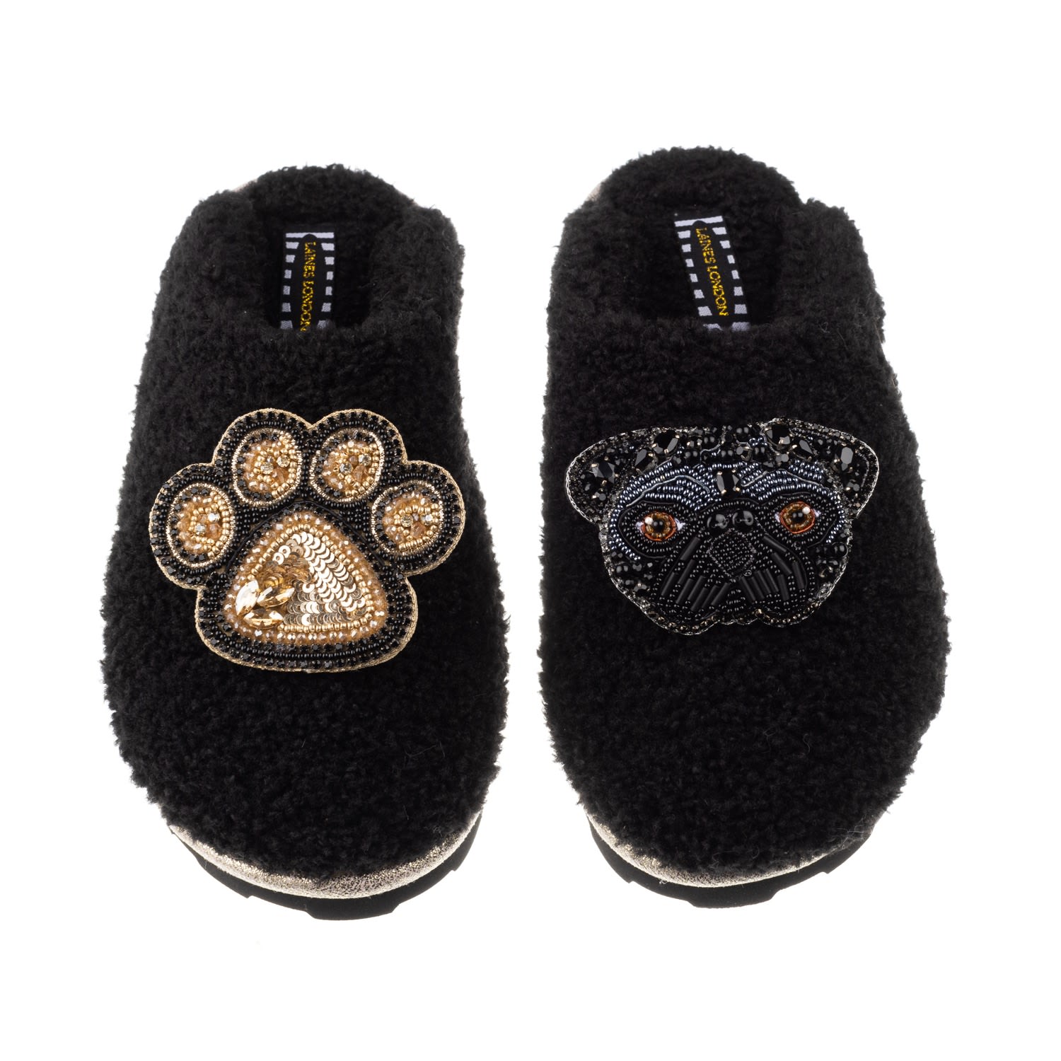 Laines London Women's Teddy Towelling Closed Toe Slippers With Snoopy & Paw Brooch - Black In Black